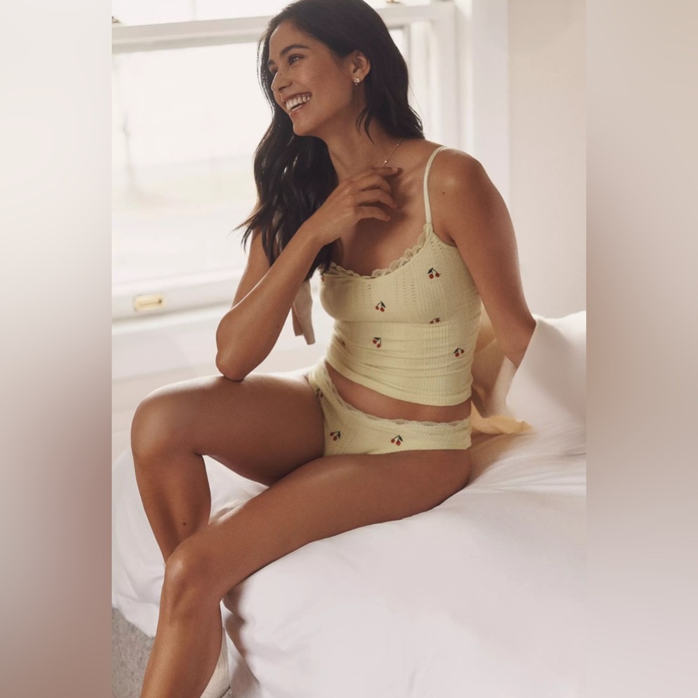 LyreBird Embroidered Pointelle Cami and Seamless Briefs SET Pale Citron Cherry 🍒